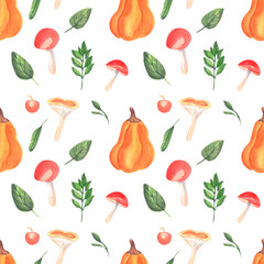 Hand-drawn watercolor seamless pattern with pumpkin, apple, mushroom and leaves. Autumn background for textile, print, scrapbooking paper, fabric