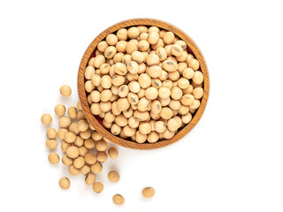 Wooden bowl with soybeans isolated on white background. top view
