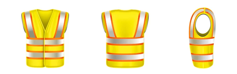 Foto op Canvas Yellow safety vest with reflective stripes, uniform for construction works, drivers and road workers. Vector realistic 3d waistcoat with reflectors in front side back view isolated on white background © klyaksun