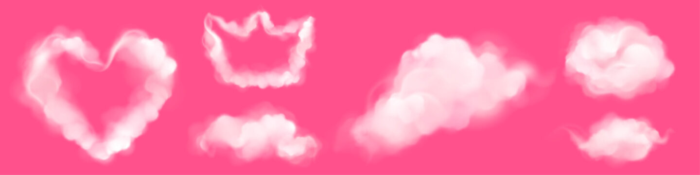 Realistic clouds in shape of heart and crown. Fluffy spindrift or cumulus eddies flying isolated on pink background, weather and nature, meteorology and climate design elements, 3d vector icons set