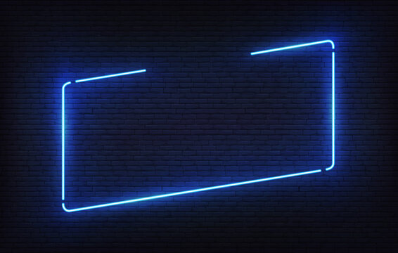 Neon frame template with placeholder. Blue incline light banner design template. Vector glowing rectangle signboard