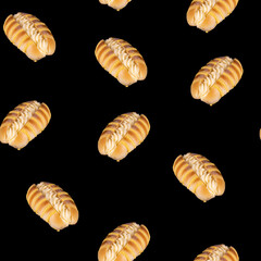 Cream Bun Seamless Food Background Pattern Against Black Background for wallpaper and texture graphic design. Food and Baking Catering concept.