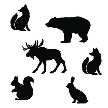 black silhouettes of wild animals living in the forests. moose, fox, wolf, bear, squirrel and hare are depicted