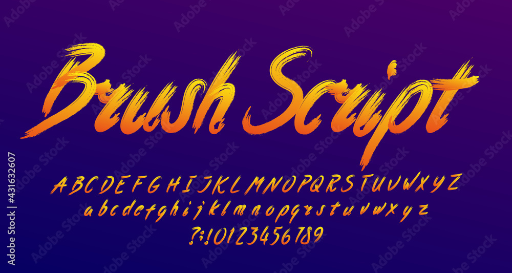 Fototapete brush script alphabet font. hand drawn vivid letters, numbers and symbols. uppercase and lowercase. 