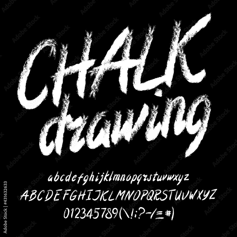 Aufkleber chalk drawing font. handwritten uppercase and lowercase letters and numbers. stock vector typeface f