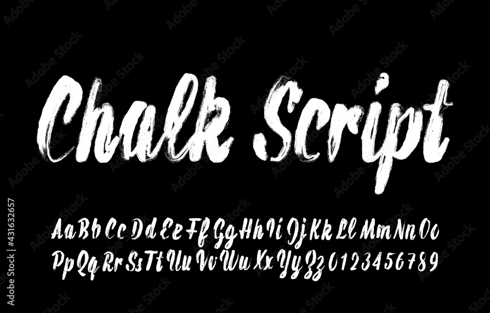 Poster chalk script font. hand drawn uppercase and lowercase letters and numbers. stock vector typeface for