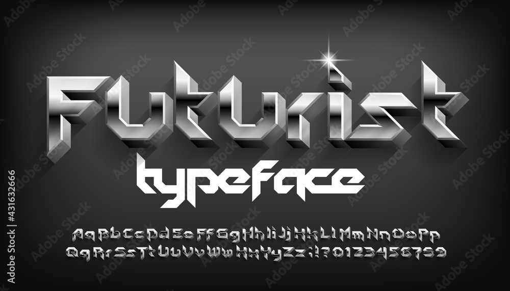 Fototapete futurist alphabet font. 3d metal letters, numbers and punctuation with shadow. stock vector typeface