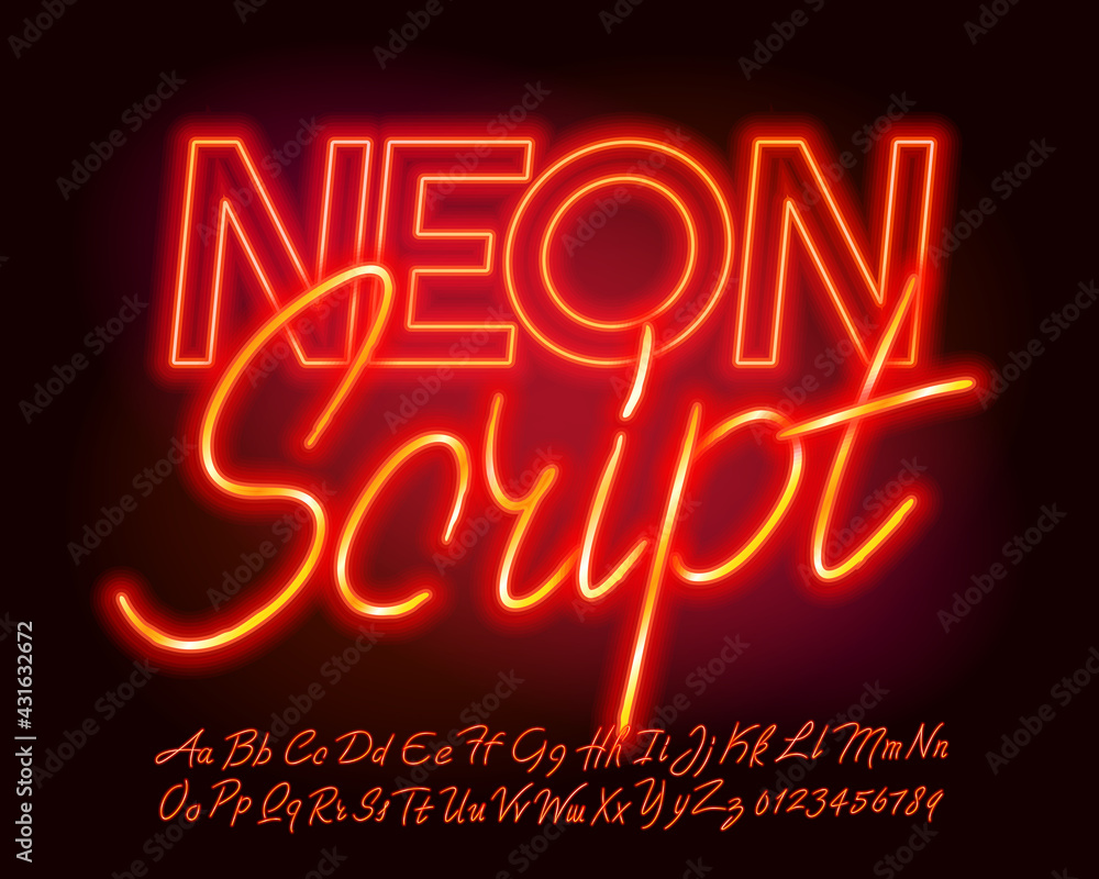 Fototapete neon script font. neon color letters and numbers. uppercase and lowercase. stock vector typescript f