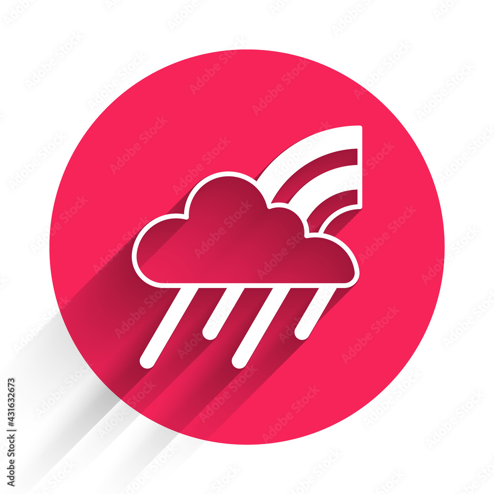 Poster white rainbow with cloud and rain icon isolated with long shadow. red circle button. vector
