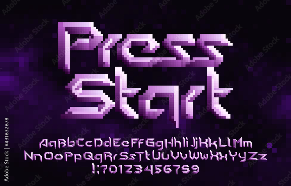 Poster press start alphabet font. pixel letters, numbers and punctuations. pixel background. 80s arcade vid