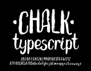 Chalk Typescript. Hand drawn uppercase and lowercase letters, numbers and symbols. Stock vector font for your typography design.