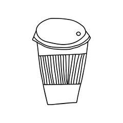 Hand drawn doodle vector illustration of hot coffee in a paper to go cup with a protective sleave. Isolated on white background.