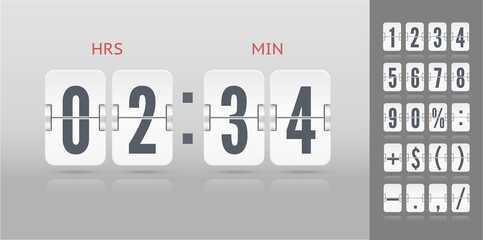 Flip numbers and symbols font for information web page or time counter. Vintage floating symbols for time meter vector template. White analog countdown number font.