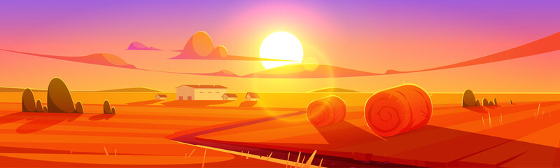 Sunset scenery rural landscape, field with hay stacks and farm buildings under colorful cloudy sky. Summer time or fall nature background countryside farmland tranquil view Cartoon vector illustration © klyaksun