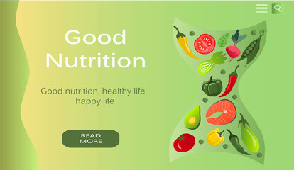 vector hand drawn illustration on the theme of proper nutrition, healthy food. banner for the site and app with the image of products and the inscription Good nutrition