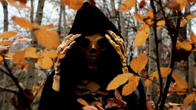 Halloween and horror concept.death suit.skull halloween costume.Sorrow symbol. Autumn traditional masquerade and carnival. Death in the autumn forest. Skeleton costume