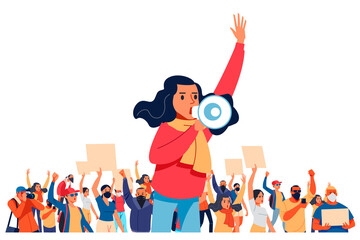 A young woman shouts through megaphones, supporting the protests against the background of discontented people protesting. Flat design colorful illustration isolated on white - obrazy, fototapety, plakaty