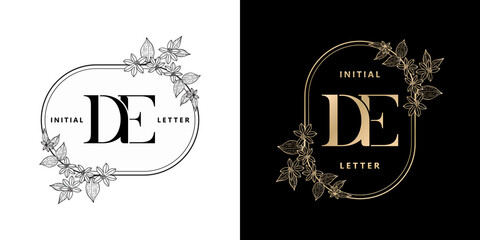 illustration of floral frame for DE initial letter and graphic name, D and E Monogram, for Wedding couple symbolic, company and icon business, with two colors variation designs monochrome and golds.