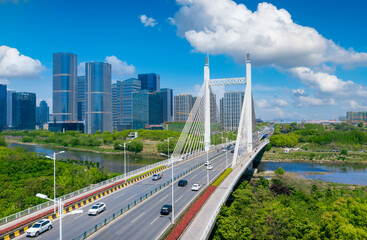 Fototapeta na wymiar Urban environment of Shangbo bridge in Yiwu City, Zhejiang Province, China