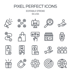 Buyer or customer related editable stroke outline icons set isolated on white background flat vector illustration. Pixel perfect. 64 x 64.