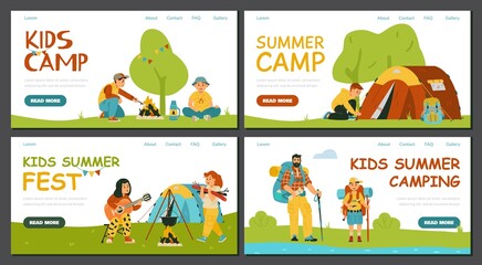Website banners for kids summer camping activity, flat vector illustration.