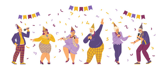 Elderly people celebrating birthday in karaoke, flat vector illustration.