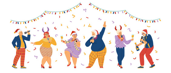 Elderly people celebrating Christmas in karaoke, vector illustration isolated.