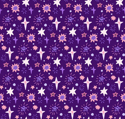 Seamless childish neon cosmos pattern with different stars. Vector texture of the universe in purple and pink colors. Vector wallpaper with hand drawn space