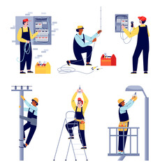 Electricians workers work with power grids, flat vector illustration isolated.