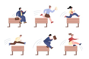 Business people jump over obstacles in career, vector illustration isolated.