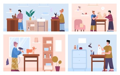 Banners with workers of grooming salon and animals, cartoon vector illustration.