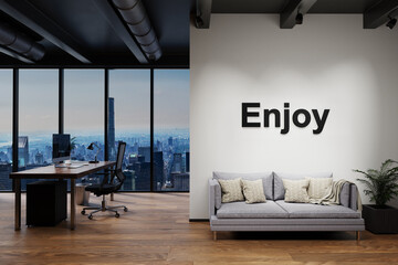 modern luxury loft with skyline view and vintage couch and pc workspace, wall with enjoy lettering, 3D Illustration