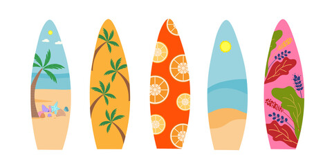 Colorful surfboards. Summer sports and beach recreation.