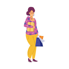 Buyer cheerful smiling woman with purchases, flat vector illustration isolated.