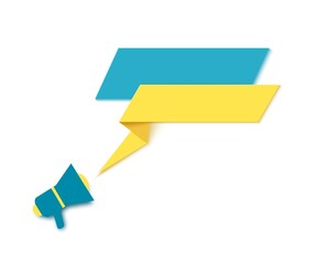Yellow speech bubble and megaphone in paper cut art. Memphis style banner with two tapes. Colorful sticker with ribbon with place for promotion text, price tag, sale ad. Papercut vector illustration.