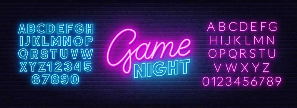 Game night neon sign on brick wall background. Neon blue and pink alphabet.