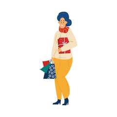 Woman with purchases at Christmas sale, flat vector illustration isolated.