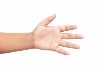 child's hand is opening his palm Isolated white background