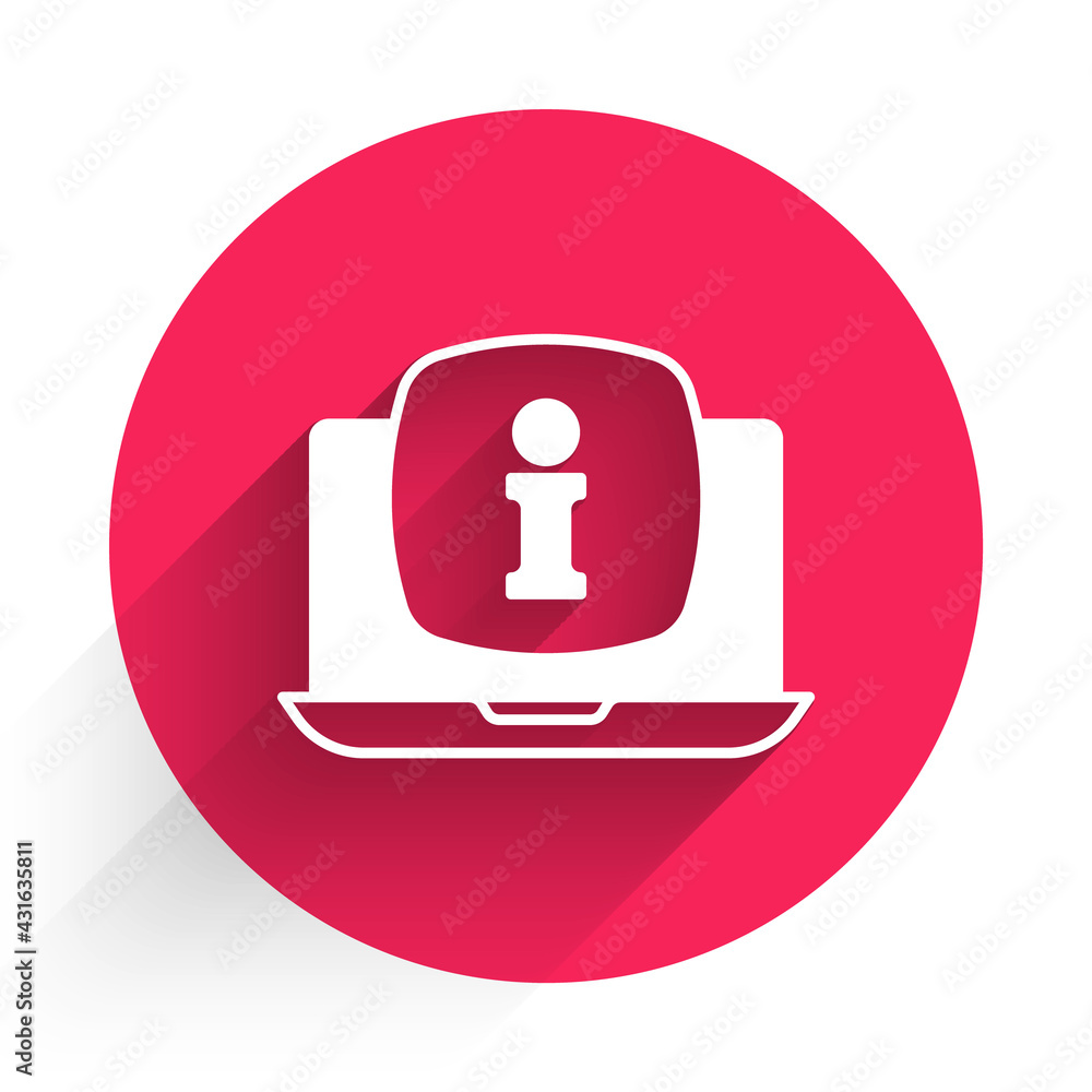 Poster white laptop with information icon isolated with long shadow. red circle button. vector