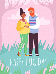 Vector design poster for happy hug day with young family waiting baby.