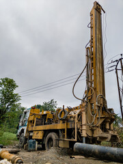 A close up shot bore well drilling truck, Tubewell Drilling Machine.