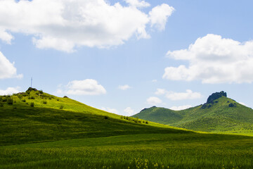 Fototapeta na wymiar Green valley and field, springtime landscape