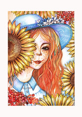 Colored pencil portrait of a young long-haired lady on a background with sunflowers and berries