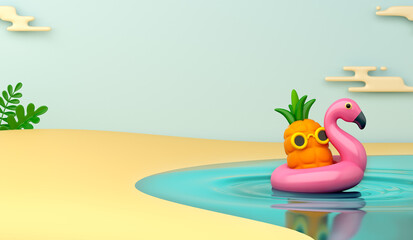 Summer decoration background with pineapple inflatable flamingo on the beach cartoon style, copy space text, 3d rendering illustration © sofirinaja