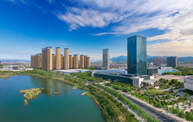 Fototapeta premium Aerial photography of city scenery of Yiwu City, Zhejiang Province, China