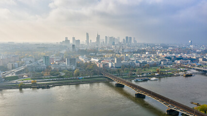 Foggy day in Warsaw, city center aerial view