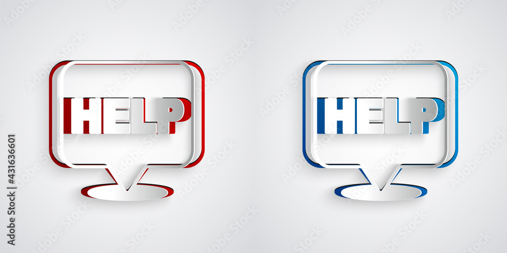 Poster paper cut speech bubble with text help icon isolated on grey background. paper art style. vector
