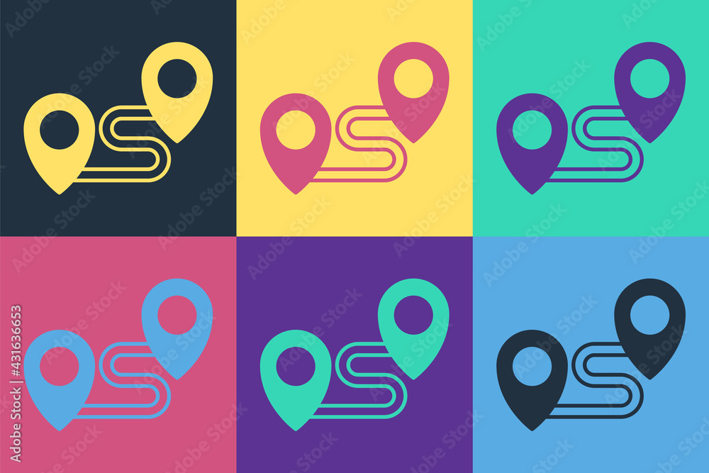 Aufkleber pop art route location icon isolated on color background. map pointer sign. concept of path or road.