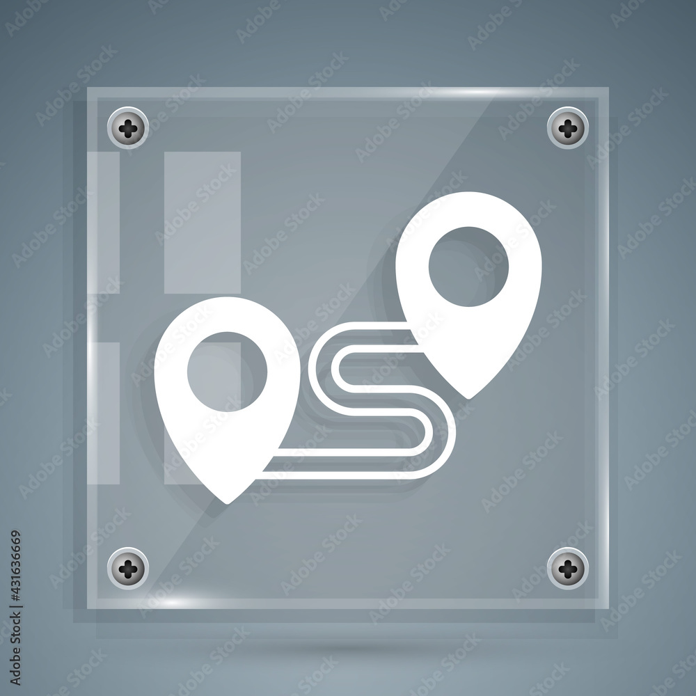 Poster white route location icon isolated on grey background. map pointer sign. concept of path or road. gp