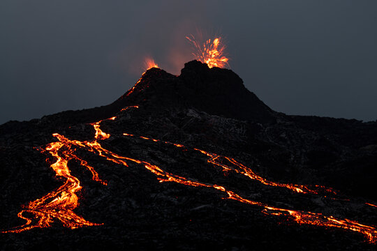 Reykjanes Peninsula, Iceland - April 12th 2021: Volcanic eruption Reykjanes Peninsula Iceland